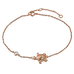 925 Sterling Silver Rose Bezel-Set CZ Turtle Womens Link Chain Anklet Bracelet