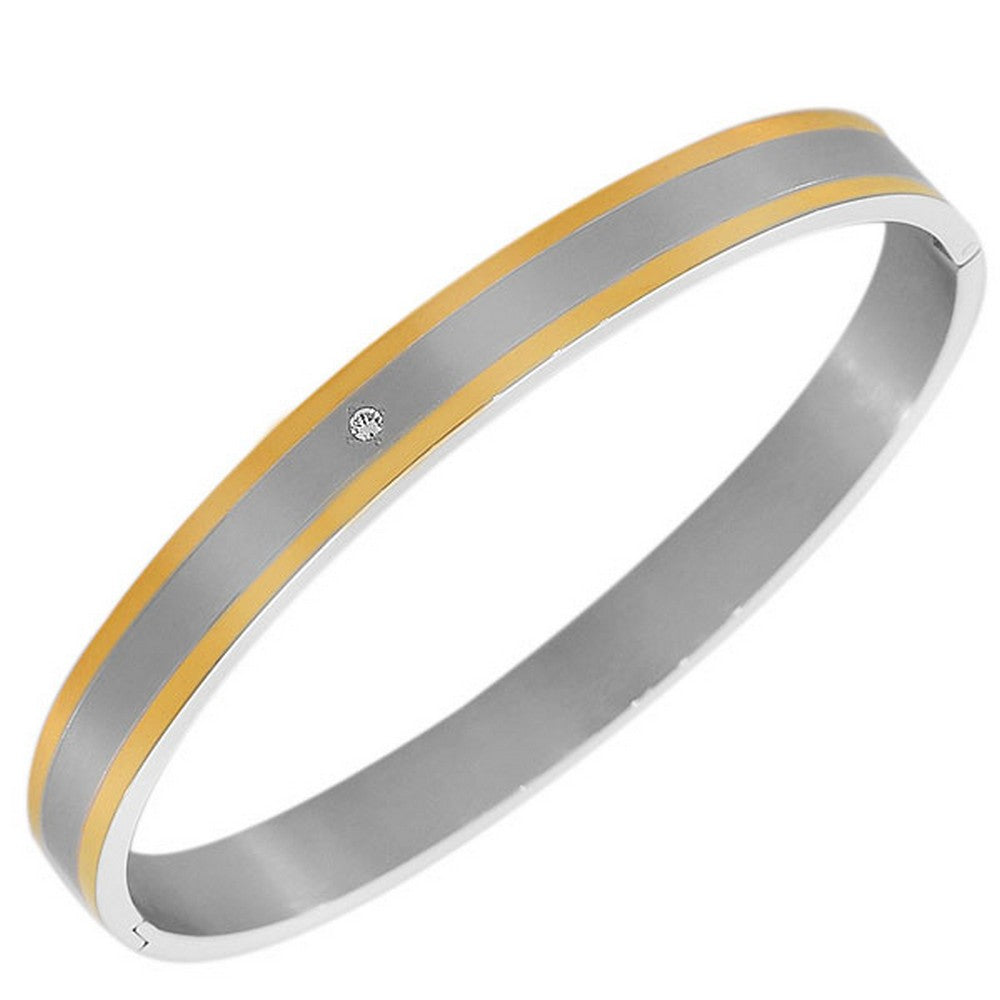 Stainless Steel Yellow Gold Silver-Tone White CZ Matte Polished Oval-Shape Men's Bracelet