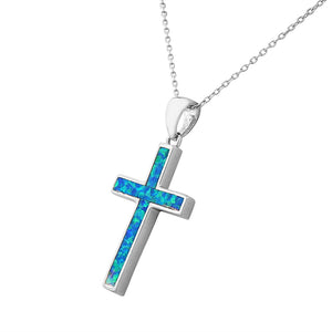 925 Sterling Silver Religious Cross Blue Turquoise-Tone Simulated Opal Pendant Necklace
