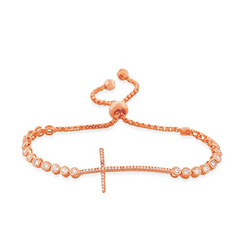 925 Sterling Silver Yellow Gold-Tone White CZ Religious Cross Womens Link Chain Bracelet