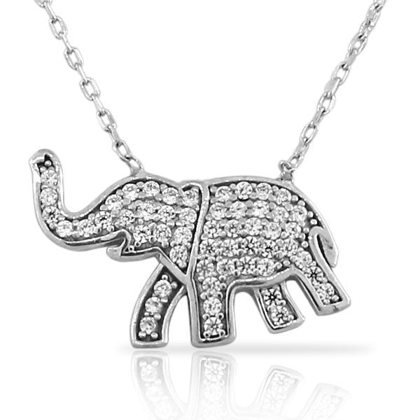 925 Sterling Silver Elephant White CZ Womens Girls Pendant Necklace