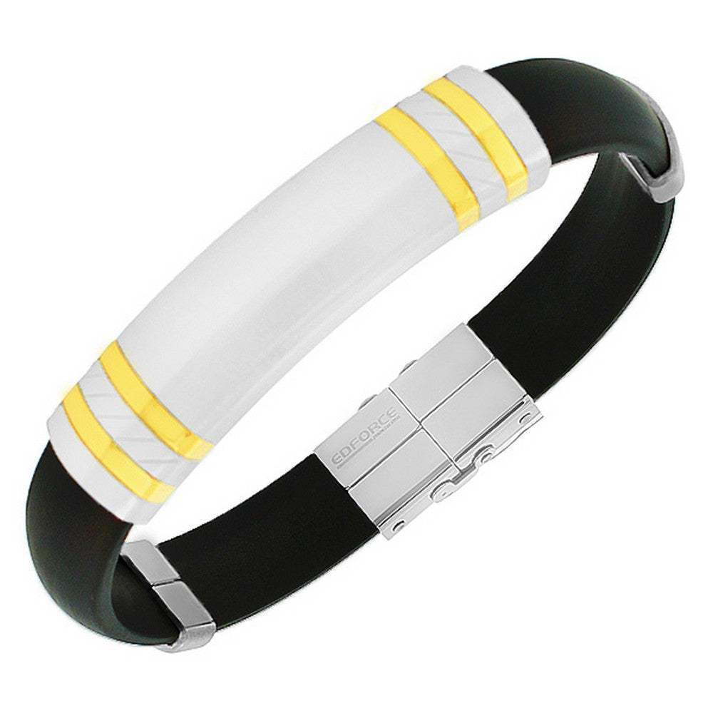 Stainless Steel Black Rubber Silicone Two-Tone Men's Bracelet