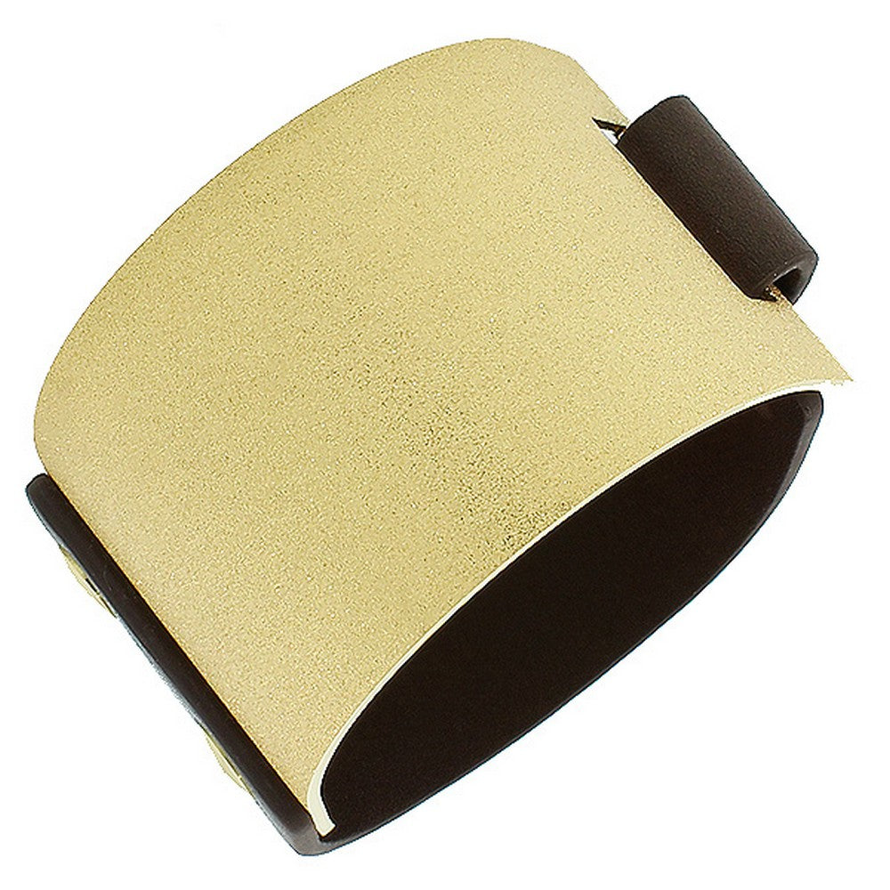 Stainless Steel Brown Leather Yellow Gold-Tone Glitter Wide Wristband Bracelet