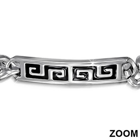 Stainless Steel Black Silver-Tone Mens Greek Key Link Chain Bracelet