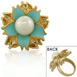 Fashion Alloy Yellow Gold-Tone White Simulated Pearl Turquoise-Tone Flower Cocktail Ring