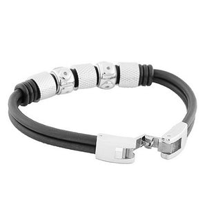 Stainless Steel Black Rubber Silicone Black Silver-Tone Men's Bracelet