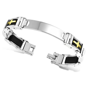 Stainless Steel Silver-Tone Black Gold-Tone Religious Cross Men's Bracelet, 8.25"