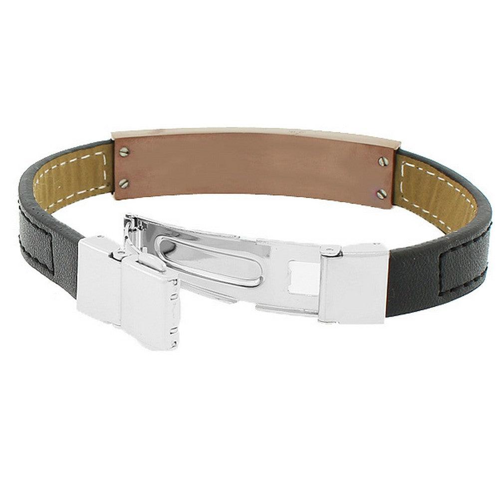 Stainless Steel Black Leather Rose Gold-Tone Silver-Tone Men's Bracelet