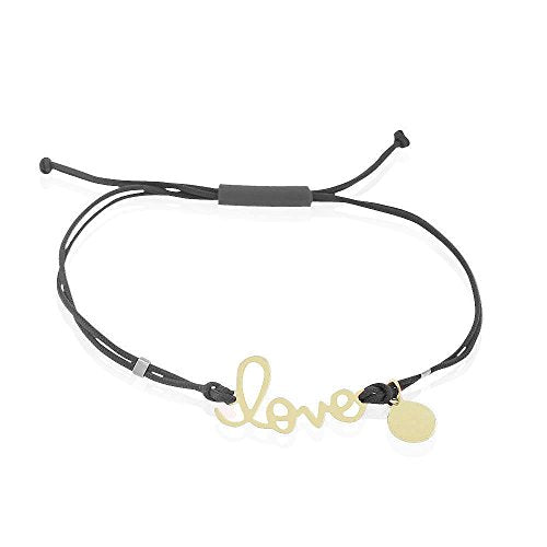 Stainless Steel Yellow Gold-Tone Red Cord Love Script Charm Adjustable Bracelet