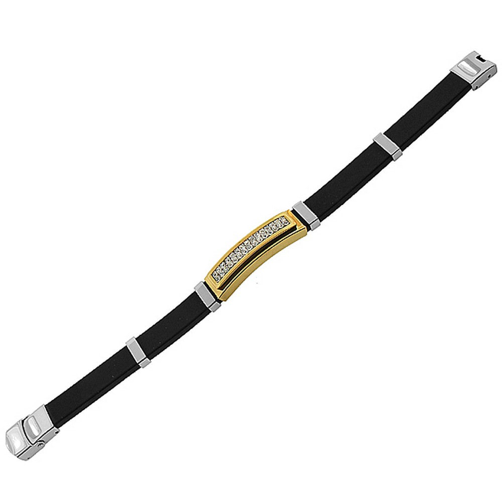Stainless Steel Black Rubber Silicone Two-Tone White CZ Men's Bracelet