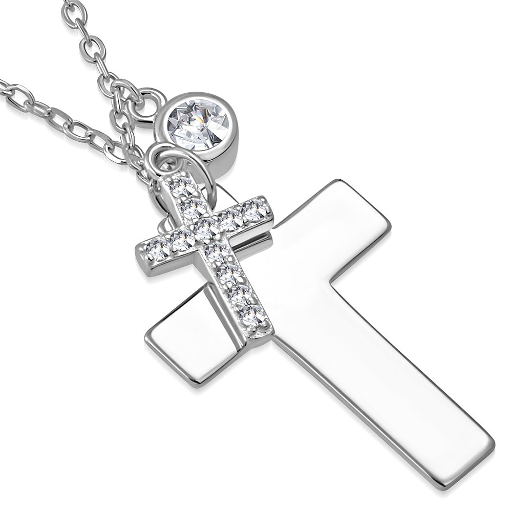 925 Sterling Silver Double Cross CZ Cross Necklace Pendant