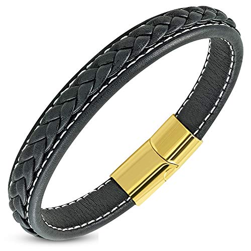 Stainless Steel Yellow Gold-Tone Brown Black Blue Braided Leather Wristband Bracelet, 8.5"
