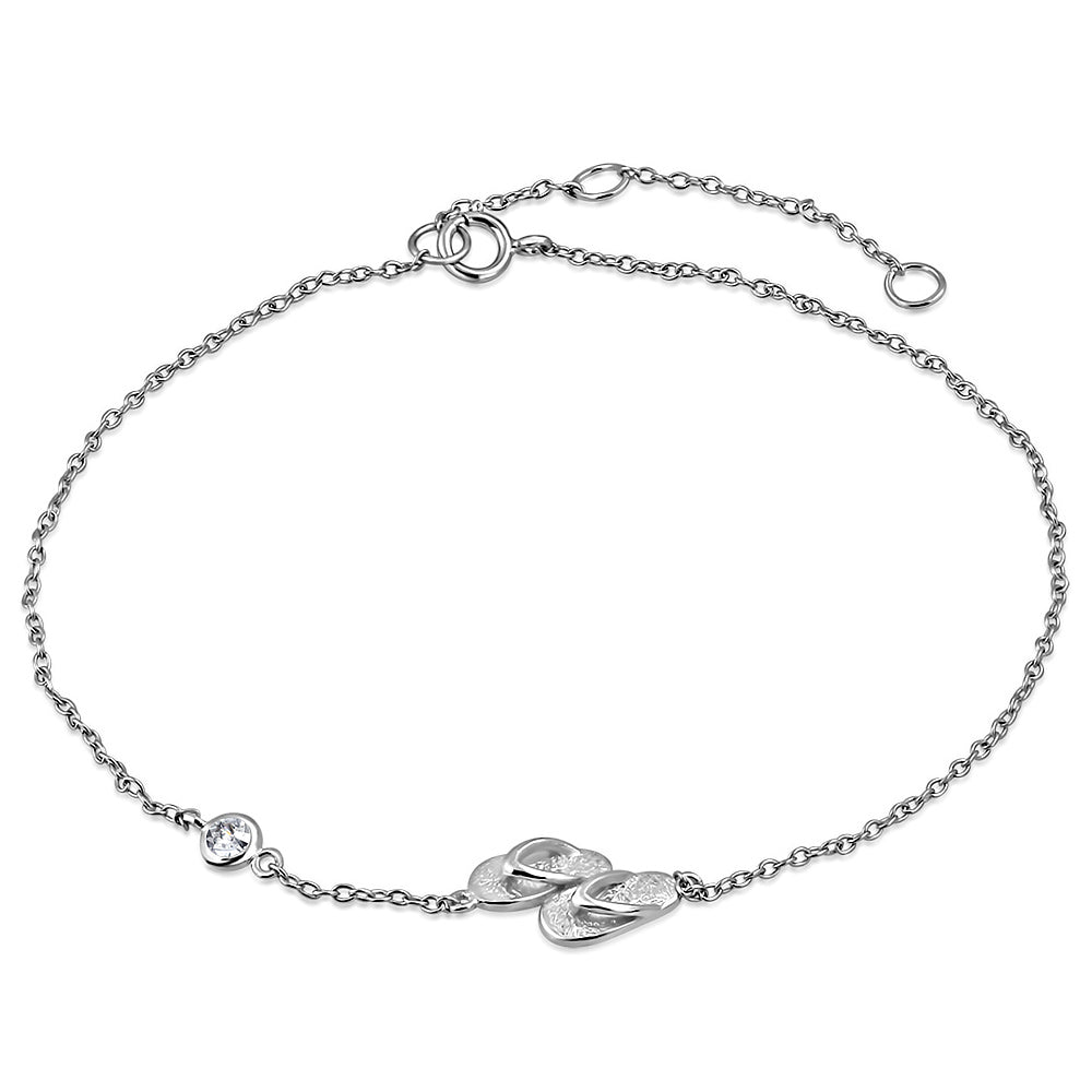 Sterling Silver Bezel-Set White Clear CZ Flip-Flops Slippers Anklet Bracelet