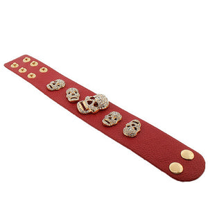 Fashion Alloy Red Faux PU Leather White CZ Skull Wristband Bracelet