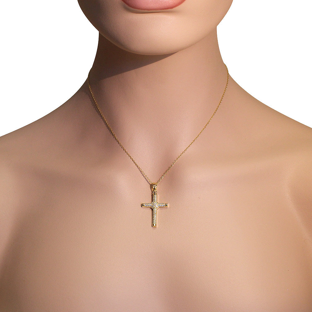 925 Sterling Silver Yellow Gold-Tone Clear CZ Religious Cross Pendant Necklace