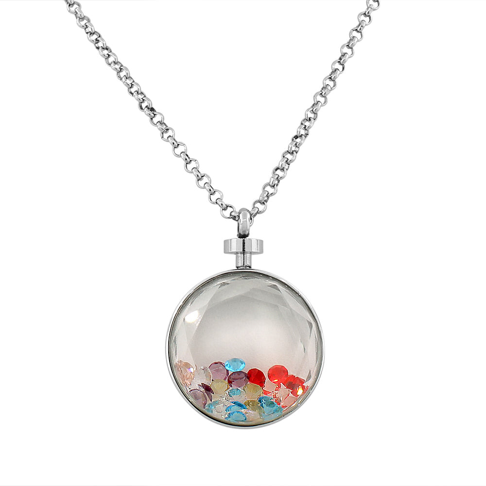 Stainless Steel Silver-Tone Floating Charms Faceted Multicolor Glass Pendant Necklace