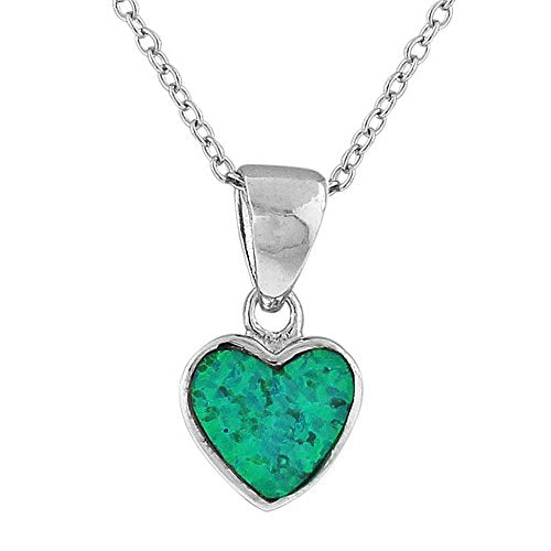925 Sterling Silver Love Heart Blue Turquoise-Tone Simulated Opal Pendant Necklace