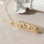 My Daily Styles Gold Tone Plated Mezuzah Pendant Necklace with Blue & White CZ Stones – Jewish Mezuzah Scroll Pendant with Filigree Design – Elegant Judaica Jewelry