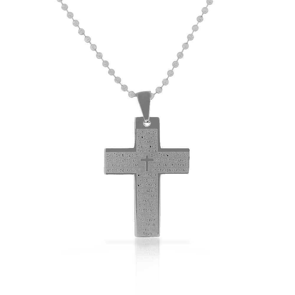 Stainless Steel Lords Prayer in English Cross Pendant Necklace