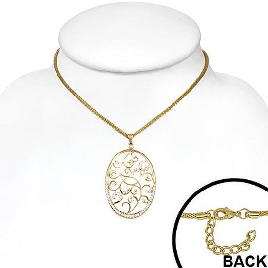 Fashion Alloy Yellow Gold-Tone White CZ Large Oval Womens Pendant Necklace