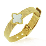 Stainless Steel Yellow Gold-Tone Simulated Mother of Pearl Adjustable Mesh Bracelet