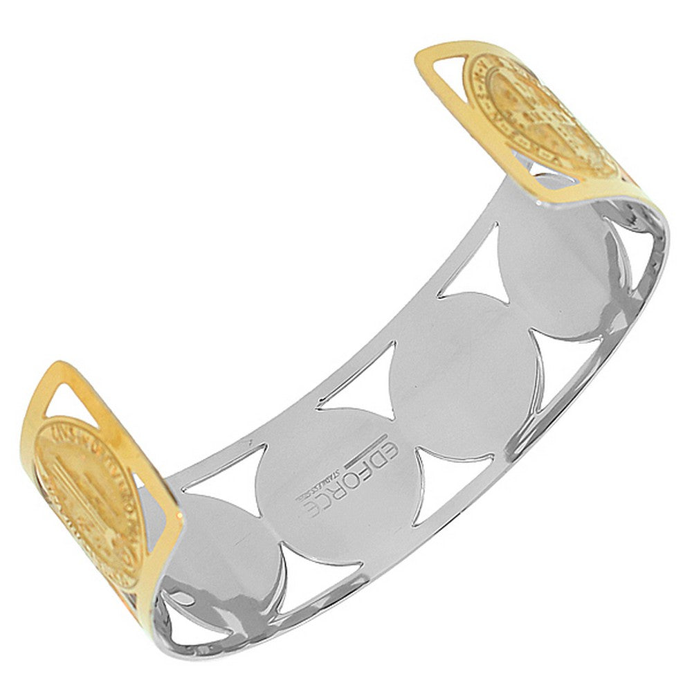 Stainless Steel Yellow Gold-Tone Cross St. Benedict Religious Christian Open End Cuff Bangle