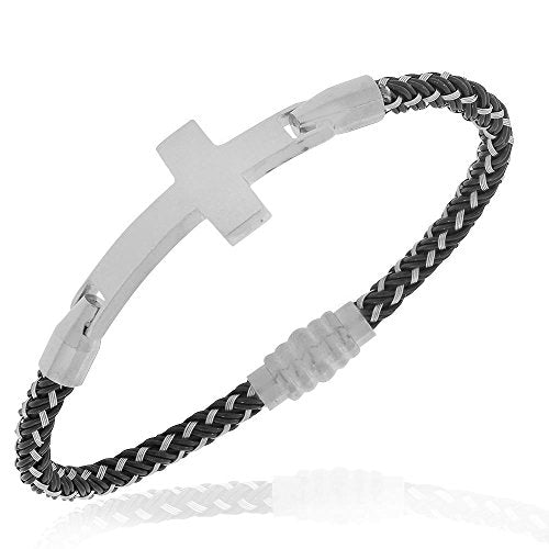 Black Silver-Tone Religious Cross Mens Bracelet with Clasp