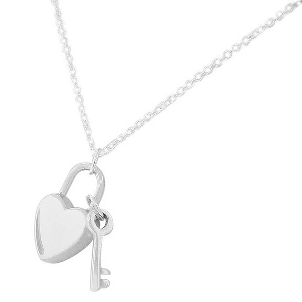 925 Sterling Silver Love Heart Padlock Key Pendant Necklace