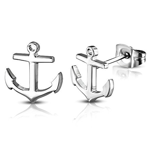 Stainless Steel Silver-Tone Anchor Small Stud Earrings