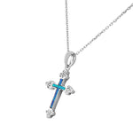 925 Sterling Silver Religious Cross Blue Turquoise-Tone Simulated Opal Pendant Necklace