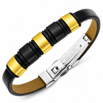 Stainless Steel Black Leather Yellow Gold-Tone Silver-Tone Men's Bracelet