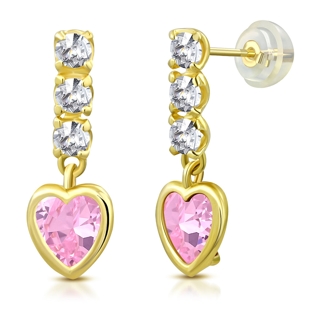 14K Yellow Gold Love Heart Multi Color CZ Small Girls Stud Drop Earrings, 0.45"