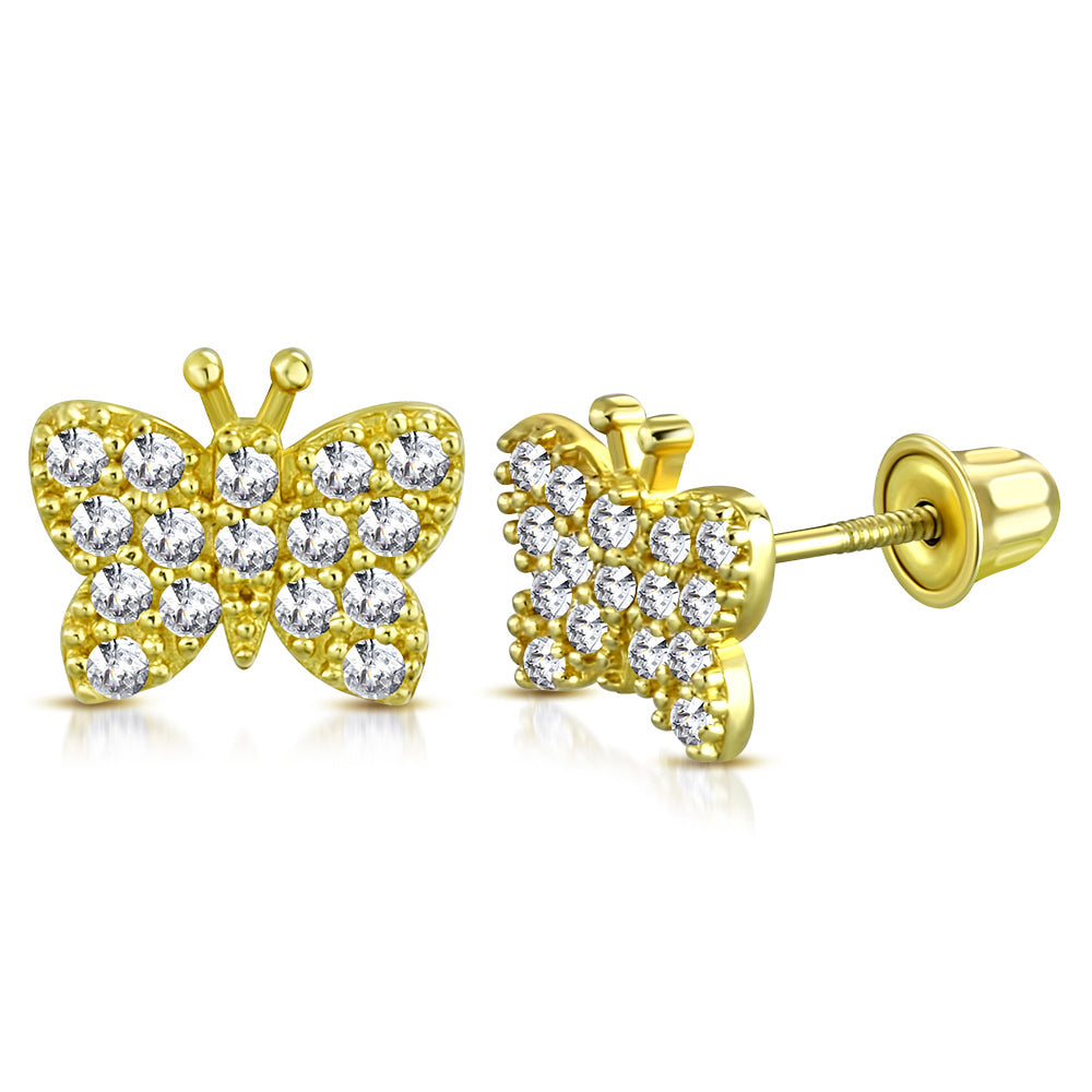 14K Yellow Gold Butterfly Insect CZ Small Girls Stud Earrings