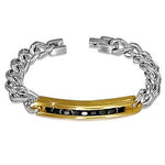 Stainless Steel Two-Tone Black Simulated Onyx CZ Mens Link Chain Bracelet
