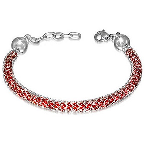 Stainless Steel Silver-Tone Red CZ Mesh Womens Chain Adjustable Bracelet
