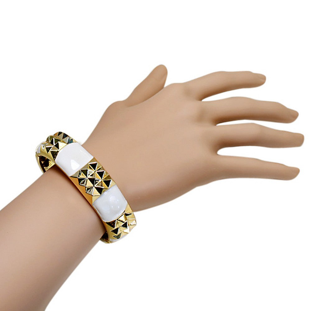 Fashion Alloy Yellow Gold-Tone White Enamel Spikes Bangle Bracelet