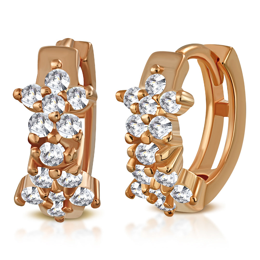 925 Sterling Silver Rose Gold-Tone Flowers Clear CZ Hoop Huggie Earrings