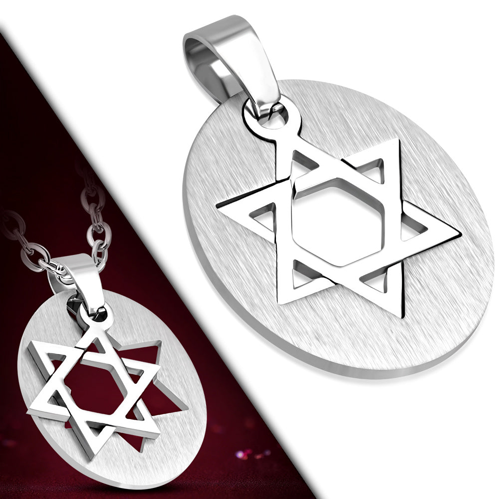 Oval Star of David Stainless Steel Mens Pendant Necklace