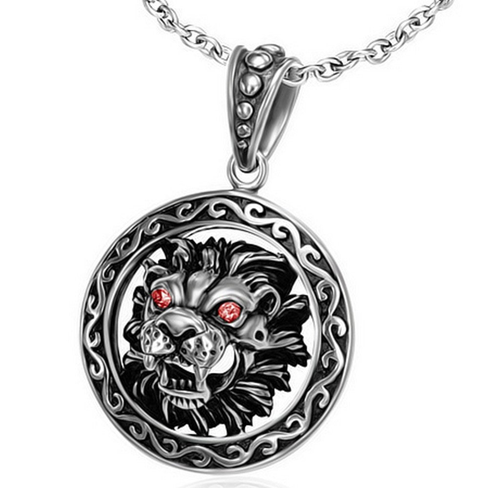 Stainless Steel Black Silver-Tone Lion Face Circle of Life Pendant Red