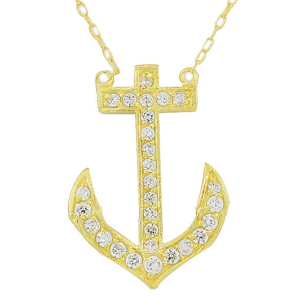 925 Sterling Silver Yellow Gold-Tone CZ Anchor Pendant Necklace