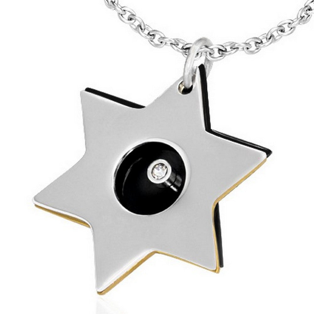 Stainless Steel Black Silver Jewish Star of David Charm Pendant Necklace