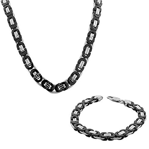 Stainless Steel Silver-Tone Mens Link Chain Necklace and Bracelet Set