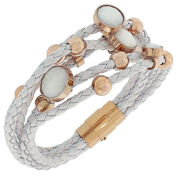 Fashion Alloy White Faux PU Leather Rose Gold-Tone Love Heart Multi-Row Layer Bracelet