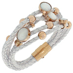 Fashion Alloy White Faux PU Leather Rose Gold-Tone Love Heart Multi-Row Layer Bracelet