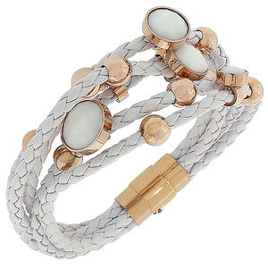 Fashion Alloy White Faux PU Leather Rose Gold-Tone Love Heart Multi-Row Layer Bracelet