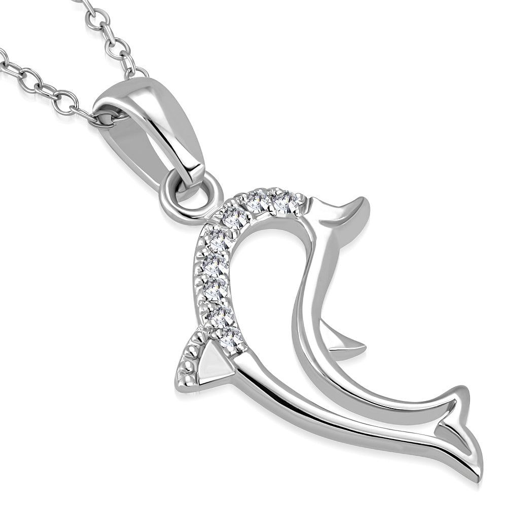 925 Sterling Silver White Clear CZ Dolphin Pendant Necklace