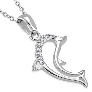 925 Sterling Silver White Clear CZ Dolphin Pendant Necklace
