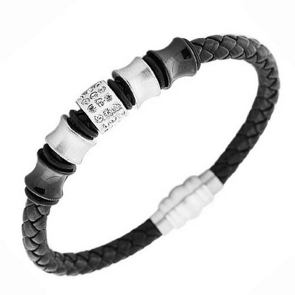 Stainless Steel Black Faux PU Leather Black Silver-Tone Men's Bracelet