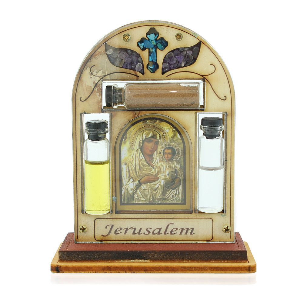 Christian Cross Icon Decor - Blessing for Home with Simulated Gemstones - Holy Water Oil and Soil Included