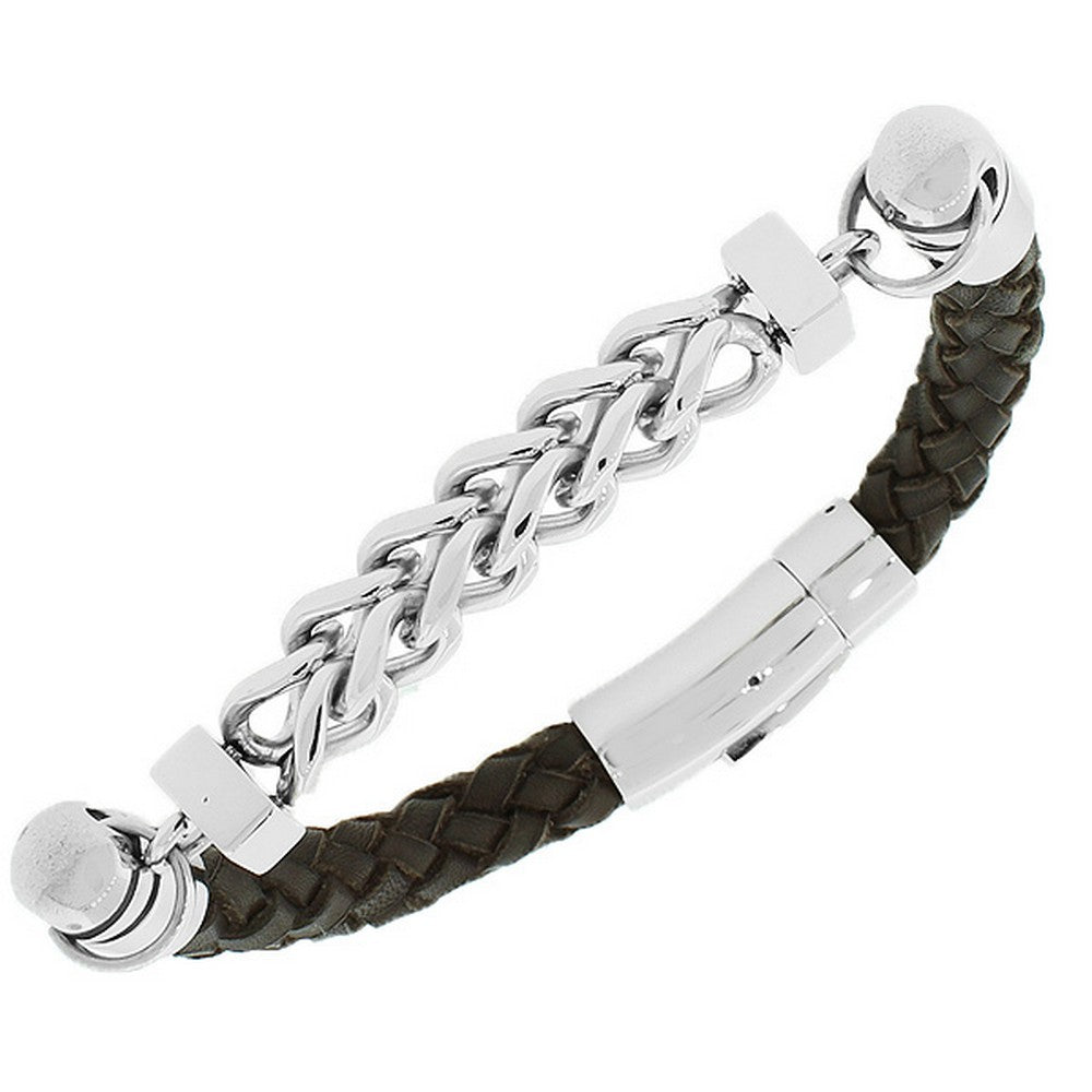 Stainless Steel Brown Leather Silver-Tone Link Chain Men's Bracelet